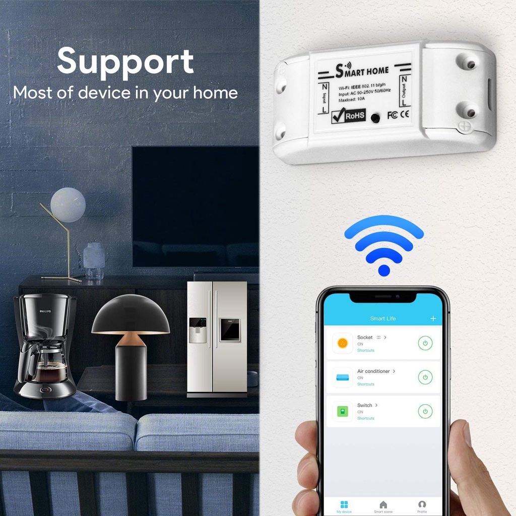 Công Tắc Wifi Thông Minh 10A ~2200W - Chức Năng Hẹn Giờ, Điều Khiển Từ Xa, Google &amp; Alexa