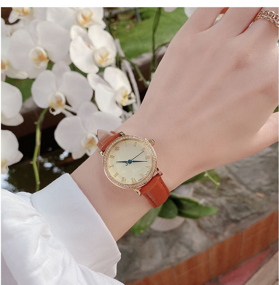 Đồng hồ nữ Julius Hàn Quốc Ja-585 dây da nâu mặt đính đá