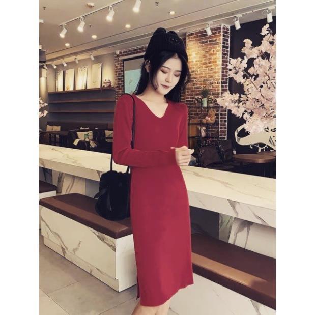 Váy suông cổ V dáng dài xẻ tà 3 màu trẻ trung