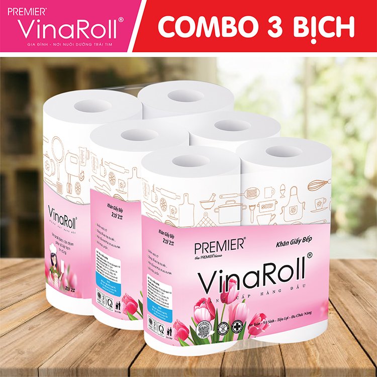 [COMBO 3 LỐC] Khăn giấy bếp đa năng Premier VinaRoll có lõi, 2 lớp 100% bột giấy nguyên sinh, không chất tẩy lốc 2 cuộn