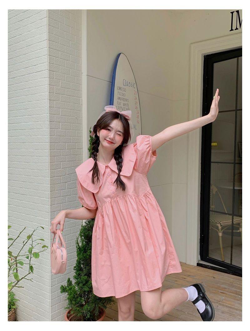 SHUANGYAN Búp bê cổ áo đầm thiếu nữ mùa xuân và mùa hè thiết lập ngọt ngào bong bóng tay áo rộng thùng thình hiển thị gầy mối tình đầu ngắn áo sơ mi váy