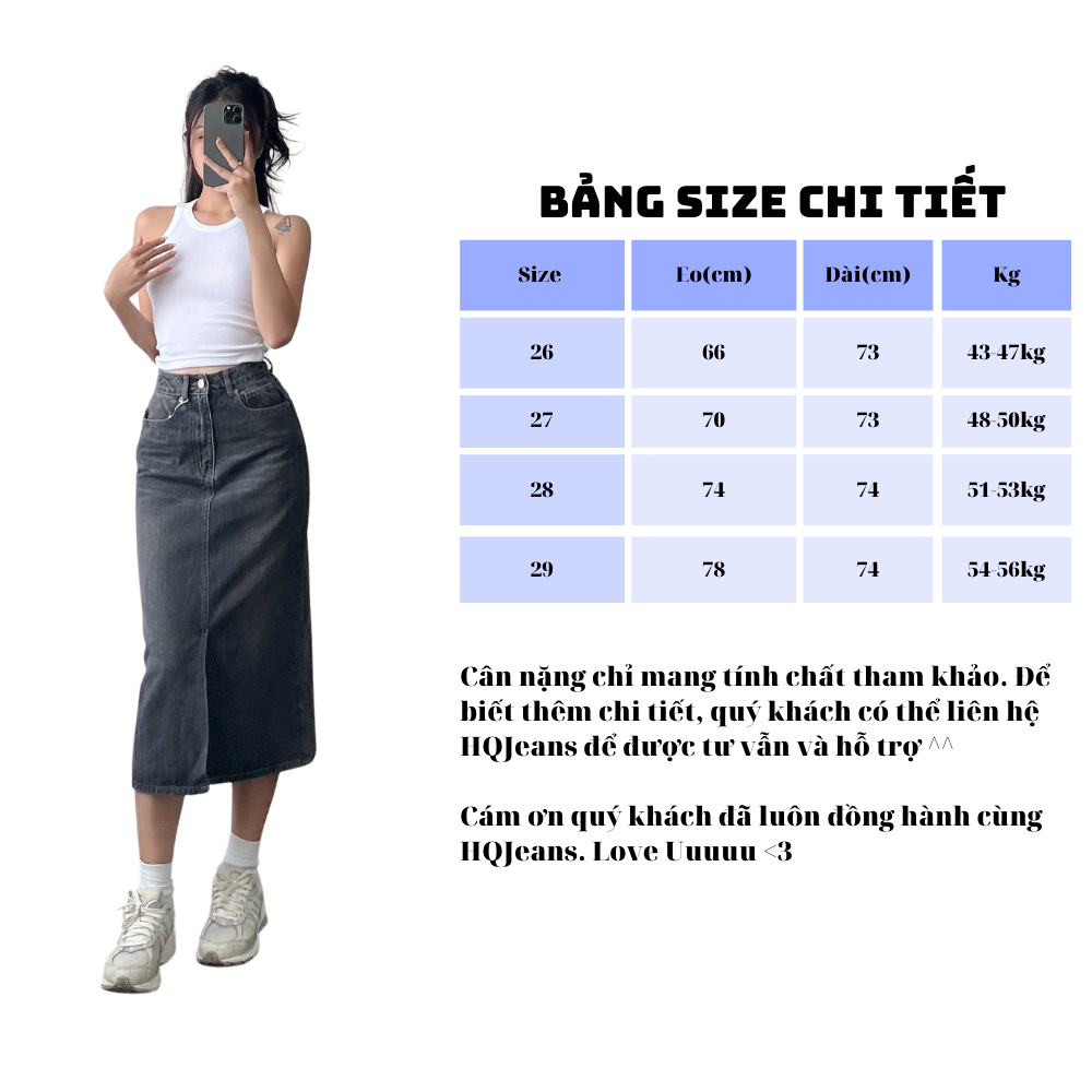 Chân váy jeans nữ dáng dài Midi xẻ trước cotton dày mịn HQJeans thiết kế mới nhất HQ78