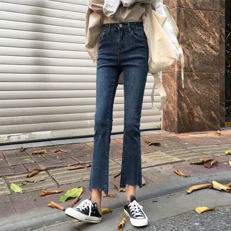 Quần Jeans Nữ Màu Xanh Ống Loe Tua Gấu Cạp Cao Ống Bó Xoè Đứng Phong Cách Ulzzang Chất Liệu Co Dãn Loại 1 Mặc Hàng Ngày