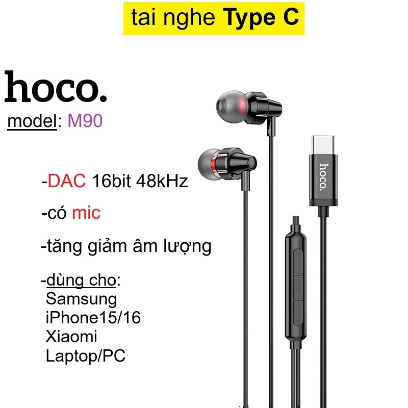 Tai nghe Type C có mic DAC 16bit 48kHz dùng cho điện thoại Samsung/ Xiaomi/ iPhone15/16 Hoco M90 _ Hàng chính hãng