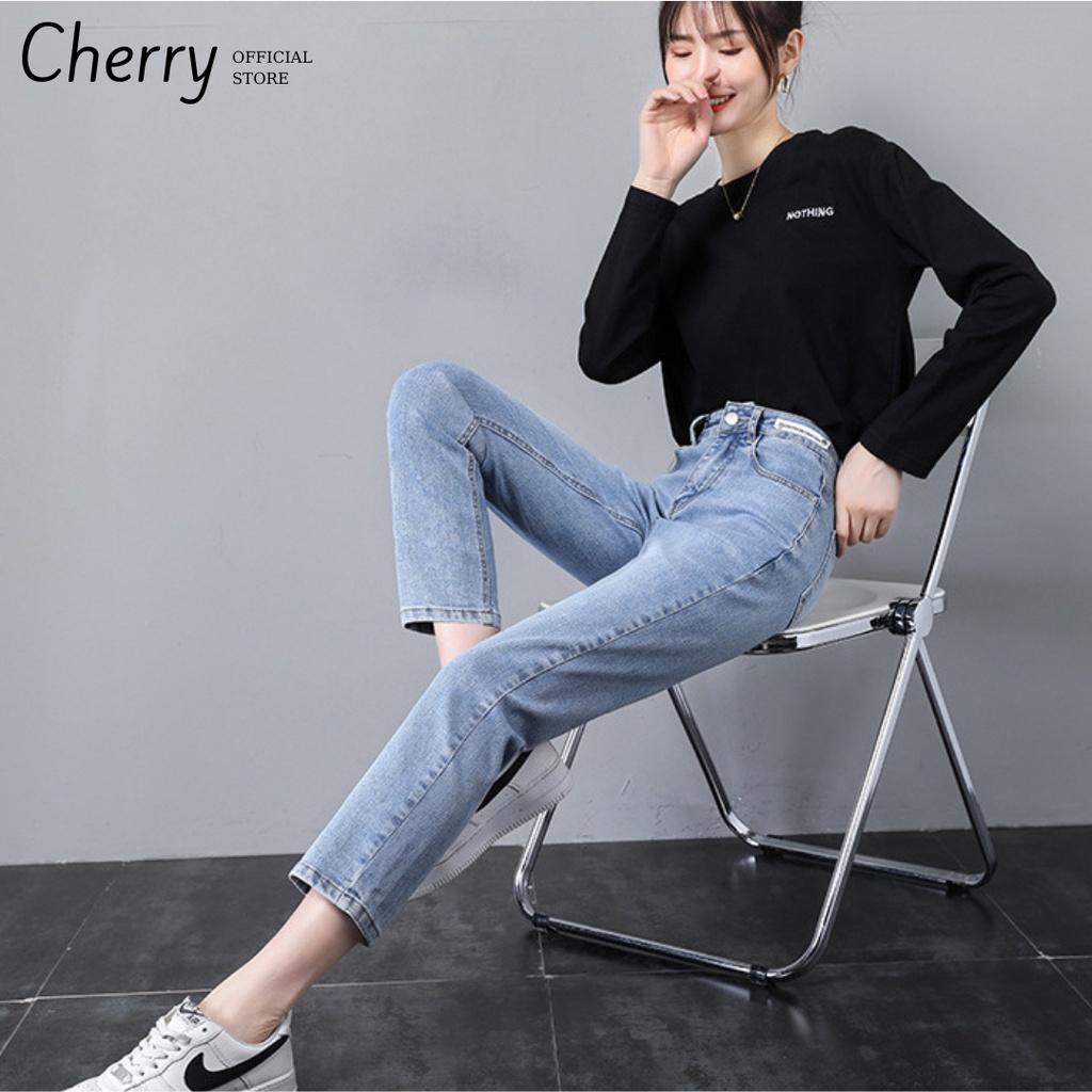 Quần jean nữ ống đứng dáng lửng co giãn cao cấp phong cách Hàn Quốc, quần bò nữ ống ngắn suông có co giãn CHERRY T029