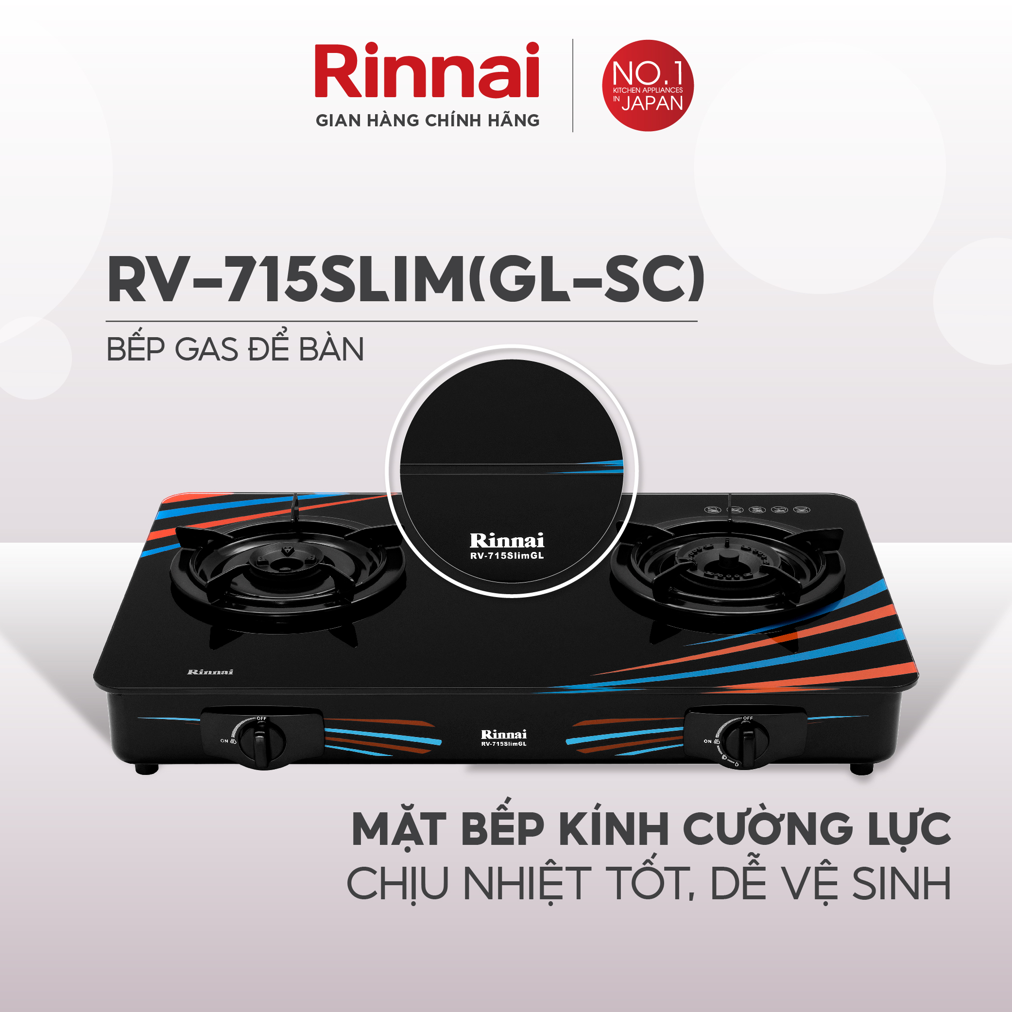 Bếp gas dương Rinnai RV-715Slim mặt bếp kính và kiềng bếp men - Hàng chính hãng.
