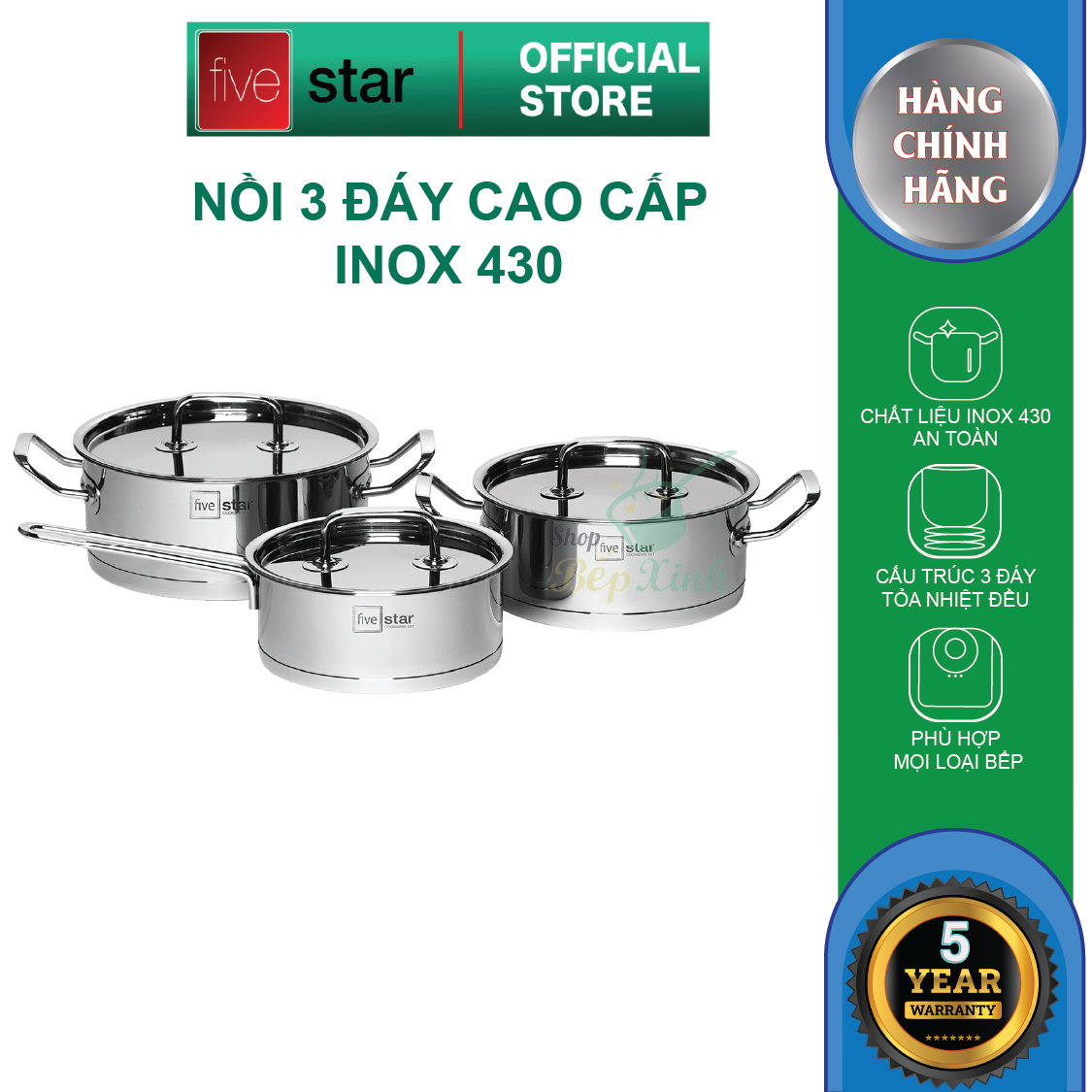 Bộ nồi quánh 3 đáy inox 430 Fivestar Standard bếp từ nắp inox (1 quánh 16cm x 1 nồi 18cm x 1 nồi 20cm ) , tặng 5 muỗng