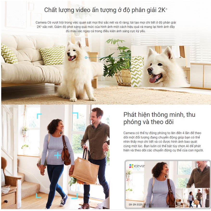 CAMERA IP WIFI TRONG NHÀ EZVIZ H6 5MP 3K COLOR - Có màu ban đêm, Đàm thoại 2 chiều, Phát hiện dáng người, vật nuôi