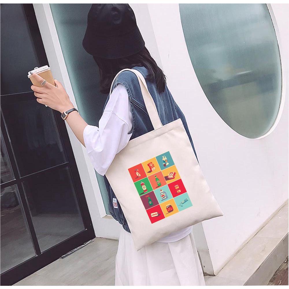 Túi tote vải mộc GINKO Basic có dây kéo khóa miệng túi đựng vừa laptop 14 inch và nhiều đồ dùng khác in hình pop art retro M107