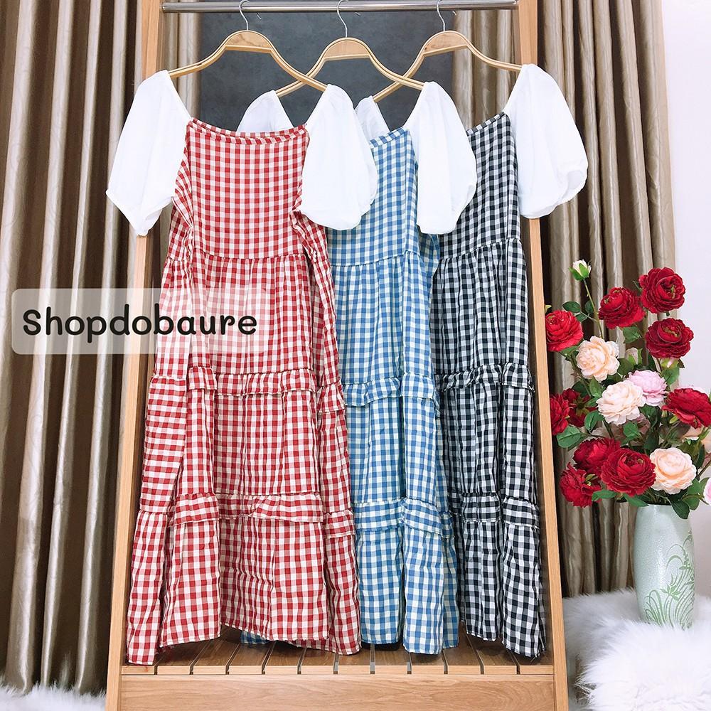 Váy bầu kẻ cổ vuông tay trắng