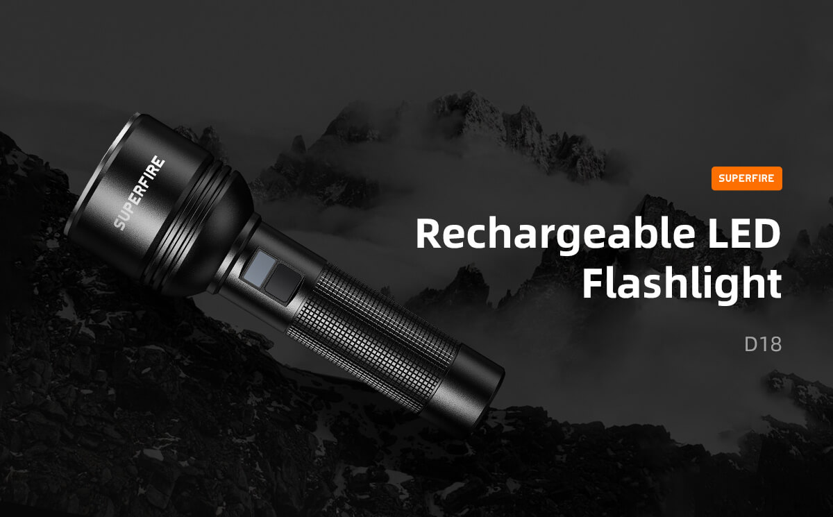Đèn pin cầm tay công suất cao Superfire D18 - Hàng nhập khẩu chính hãng nhỏ gọn,thiết kế đơn giản có màn hình diện tử hiển thị dung lượng cùng với độ sáng lên đến 2000lm