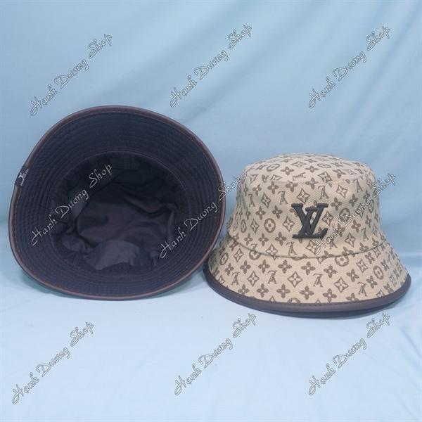 Mũ tai bèo nam nữ nón bucket thêu chữ LV vành có viền da xung quanh chất liệu vải cotton vòng đầu 56-57cm - Kaki đậm