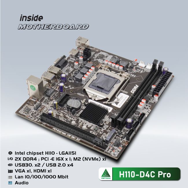 Main VSP H110 D4C PRO NVME (Socket 1151, HDMI+VGA DDR4, Micro-ATX) - Hàng chính hãng VSP phân phối