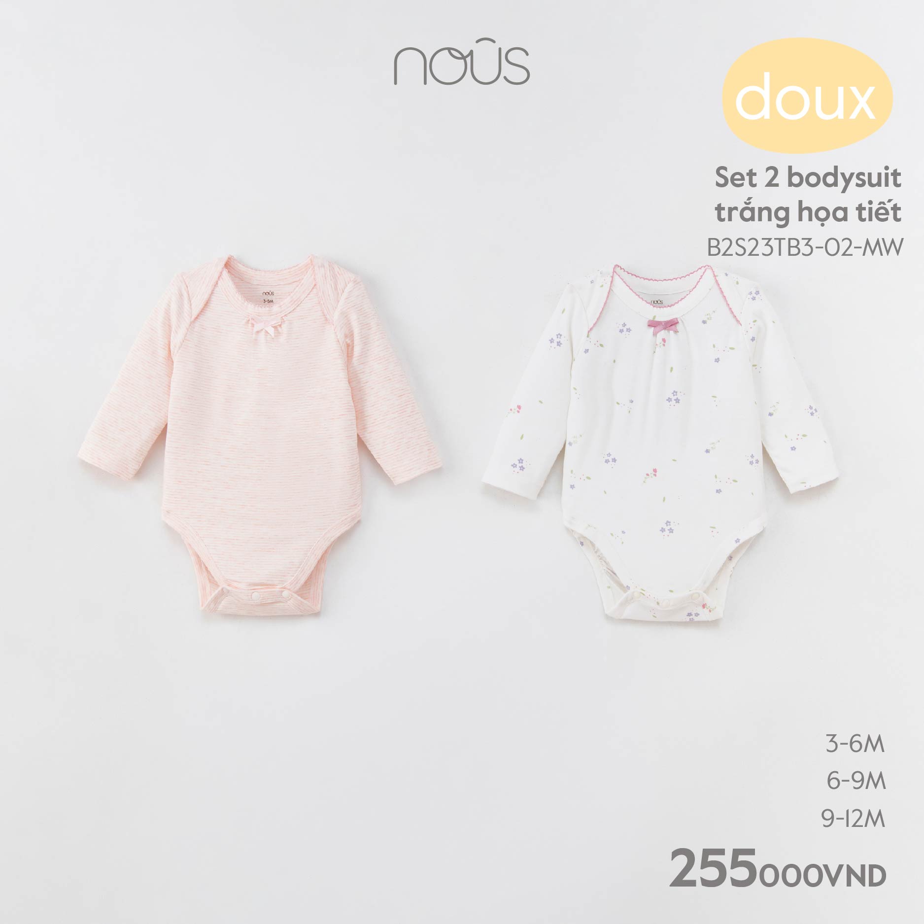 Set 2 bộ bodysuit Nous mix các màu và set 2 quần dài mix màu chất liệu Nu Doux thấm hút