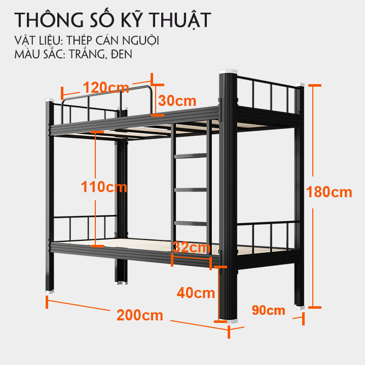 Giường Tầng Thép Cường Lực Cao Cấp - Giường 2 Tầng 200cm x 90cm Đa Năng, Khung Thép Chịu Lực Chống Gỉ, Giường Tầng Sinh Viên, Giường Ngủ 2 Tầng Cao Cấp