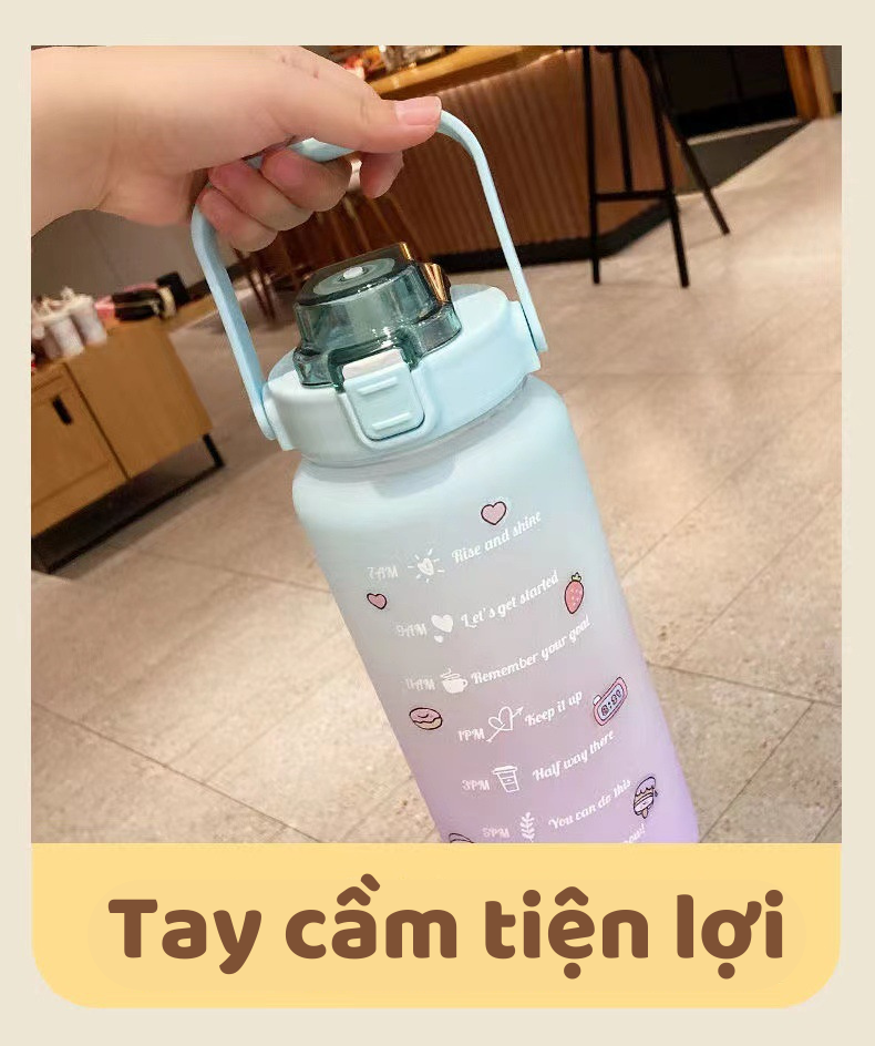 Bình đựng nước 2L dễ thương có vạch báo giờ uống nước - Tặng 10 sticker