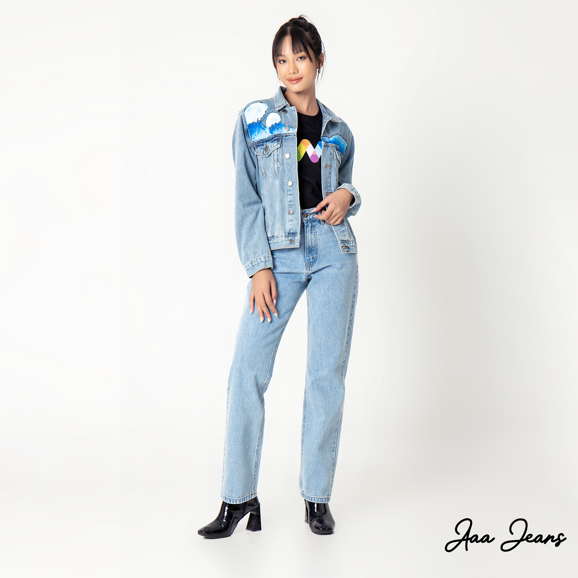 Quần jeans ống đứng slim fit lưng cao Aaa Jeans Light Blue