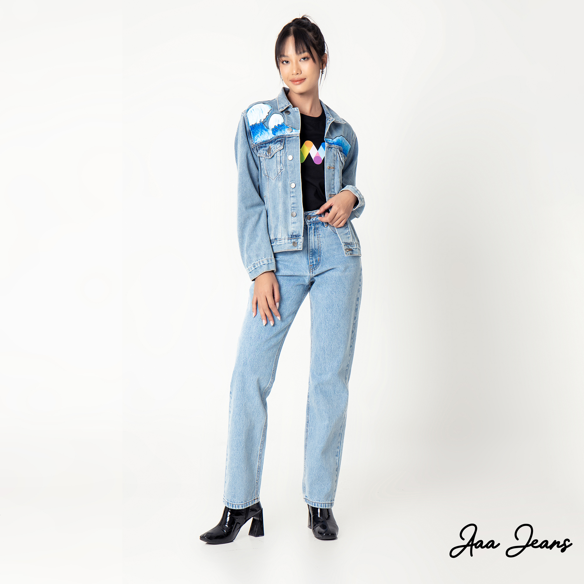 Quần jeans nữ ống đứng slim fit lưng cao Aaa Jeans