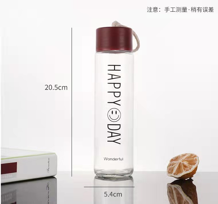 Bình nước thủy tinh có dây cầm Happy Day, Dung Tích 430ml Fecven