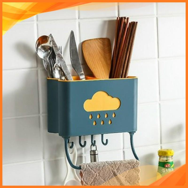 Ống đựng đũa thìa màu xanh treo tường nhà bếp tiện lợi 9381