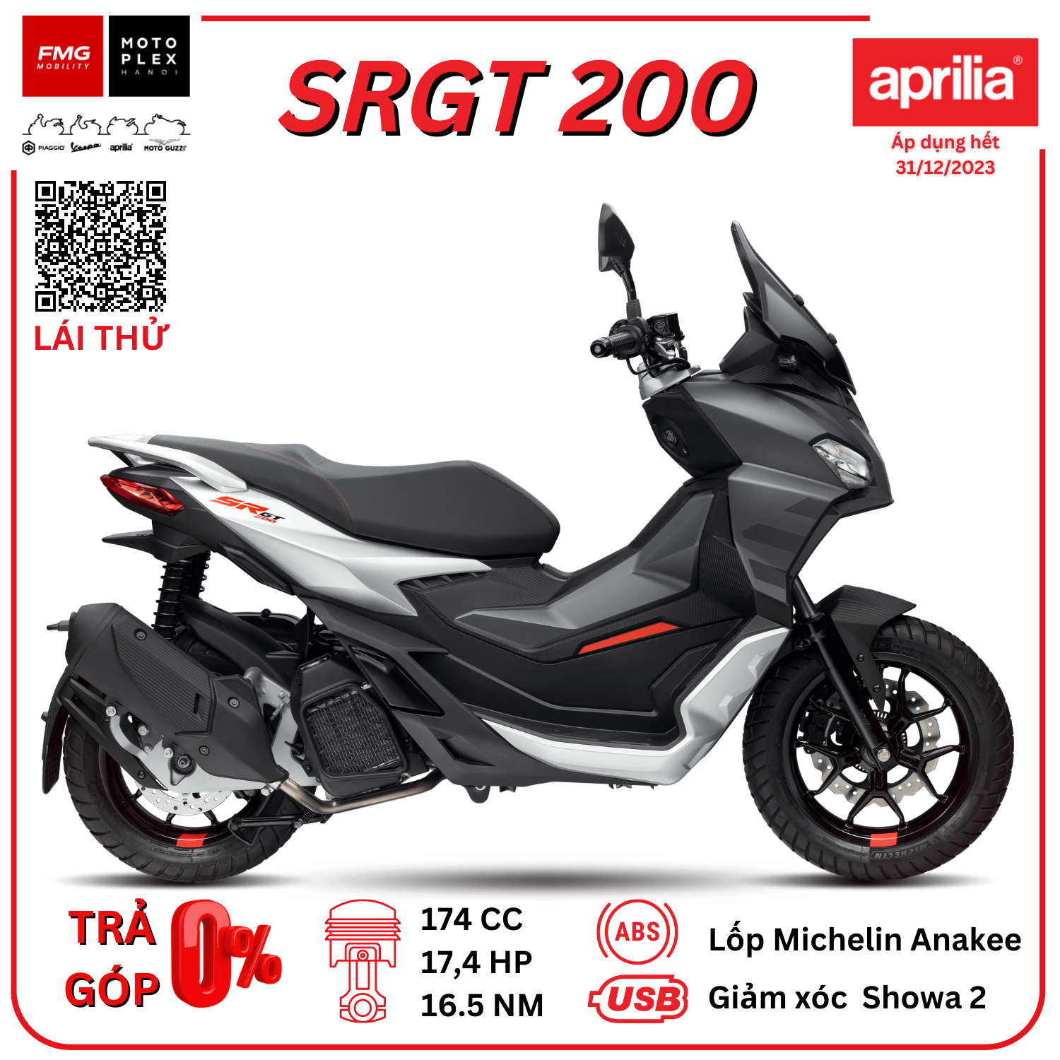 Aprilia SRGT 200 - Xe ga đa địa hình 174cc | Thương hiệu Aprilia của Ý thuộc tập đoàn Piaggio Việt Nam