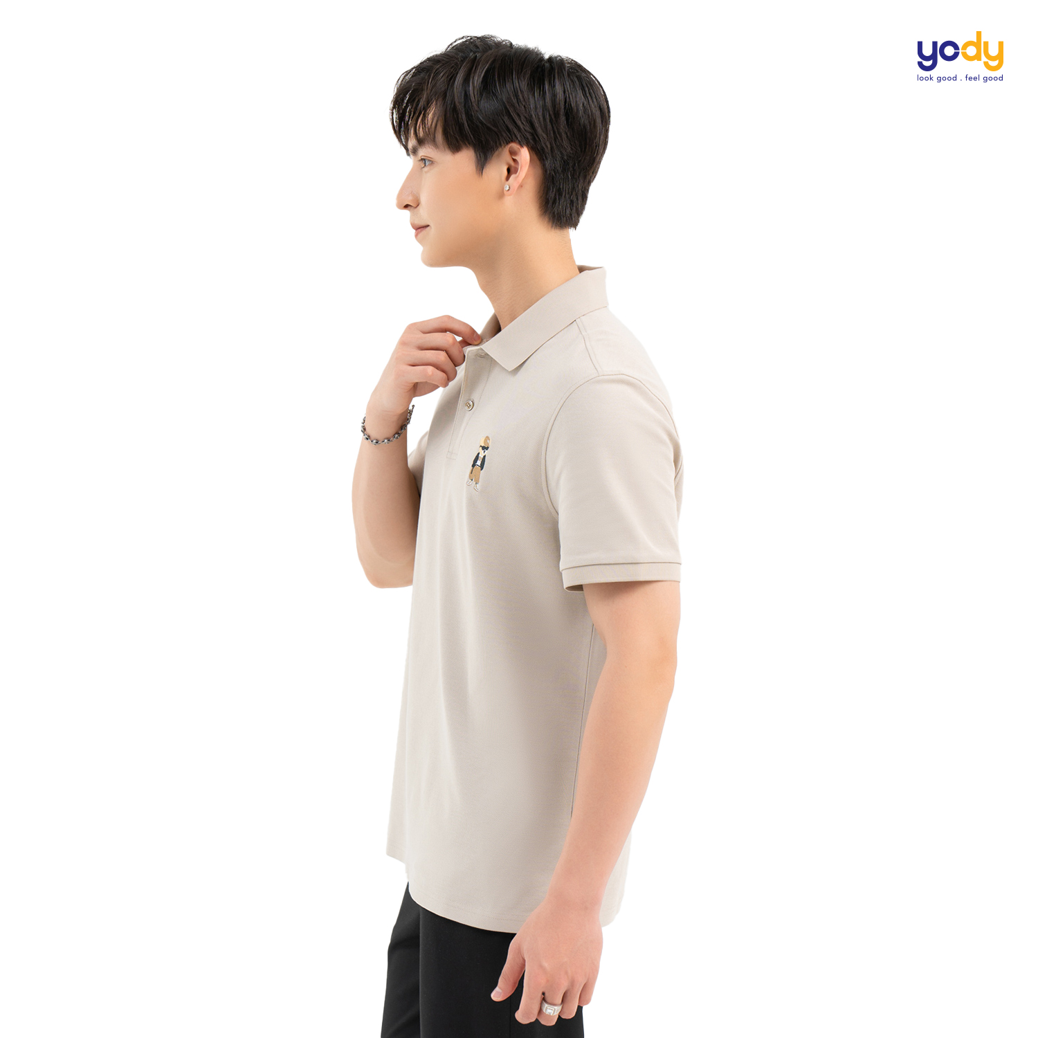 Áo polo nam YODY vải sorona form oversize thêu gấu APM6297