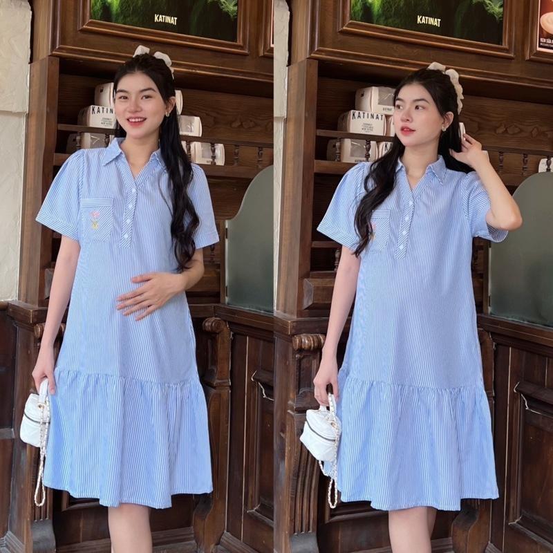 Đầm Bầu Công Sở Cổ Sơ Mi Phối Túi Thêu Phom Đuôi Cá Dễ Thương - Xanh sọc