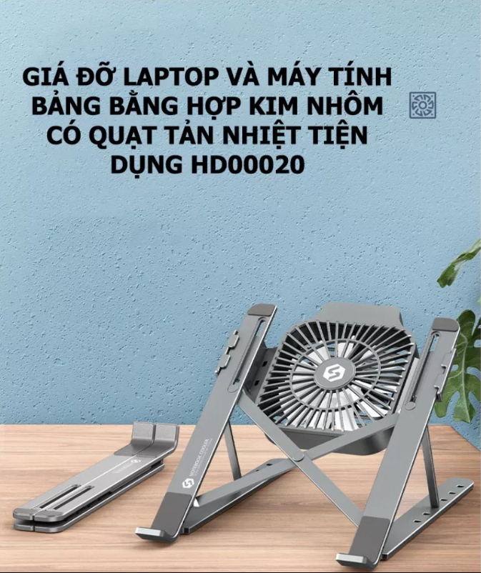 Giá đỡ laptop và máy tính bảng bằng hợp kim nhôm có quạt tản nhiệt tiện dụng HD00020