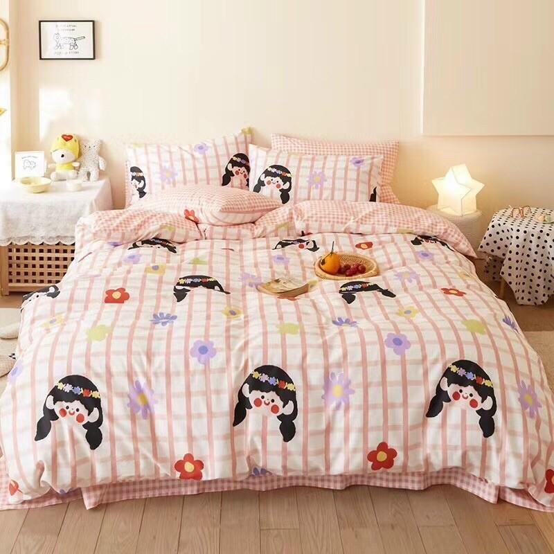 Bộ Chăn Ga Gối Cotton Living Hàng Nhập Khẩu Cao Cấp 4 Món Cô bé Hoa Hồng