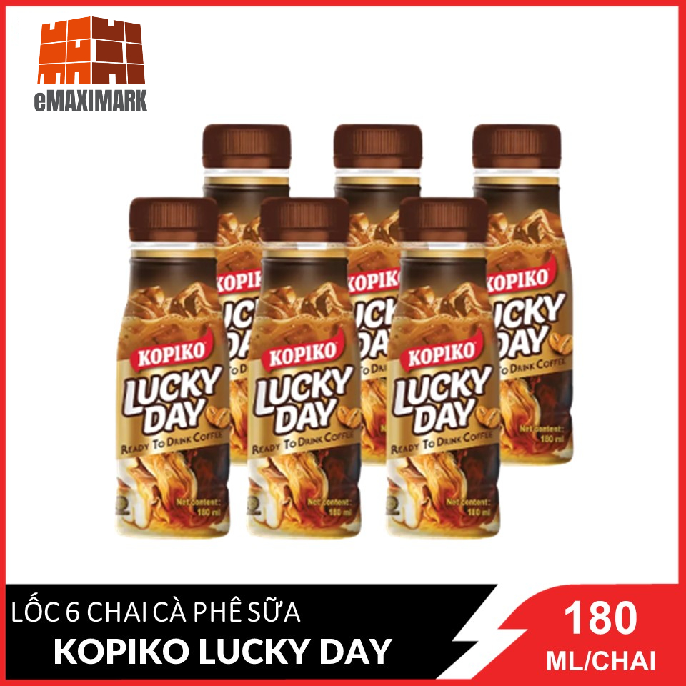 Lốc 6 Chai Thức uống cà phê sữa kopiko Lucky Day Chai 180g