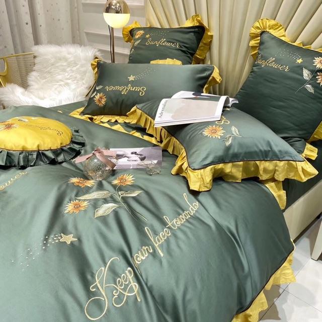 Bộ chăn ga gối Lụa thêu 60s cao cấp 6 món tặng kèm 1 gối trang trí
