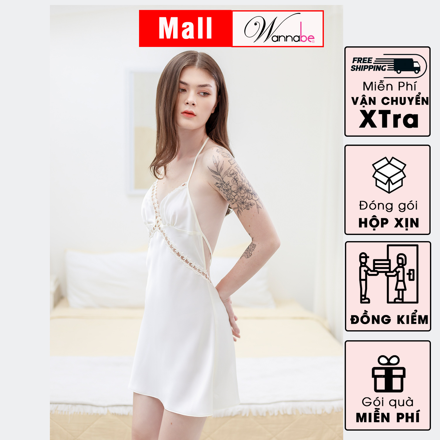 Đầm ngủ WANNABE DNS18 váy ngủ lụa cut out eo mông đan dây lưng xxx nóng bỏng, có thể tự do mở dây thật quyến rũ