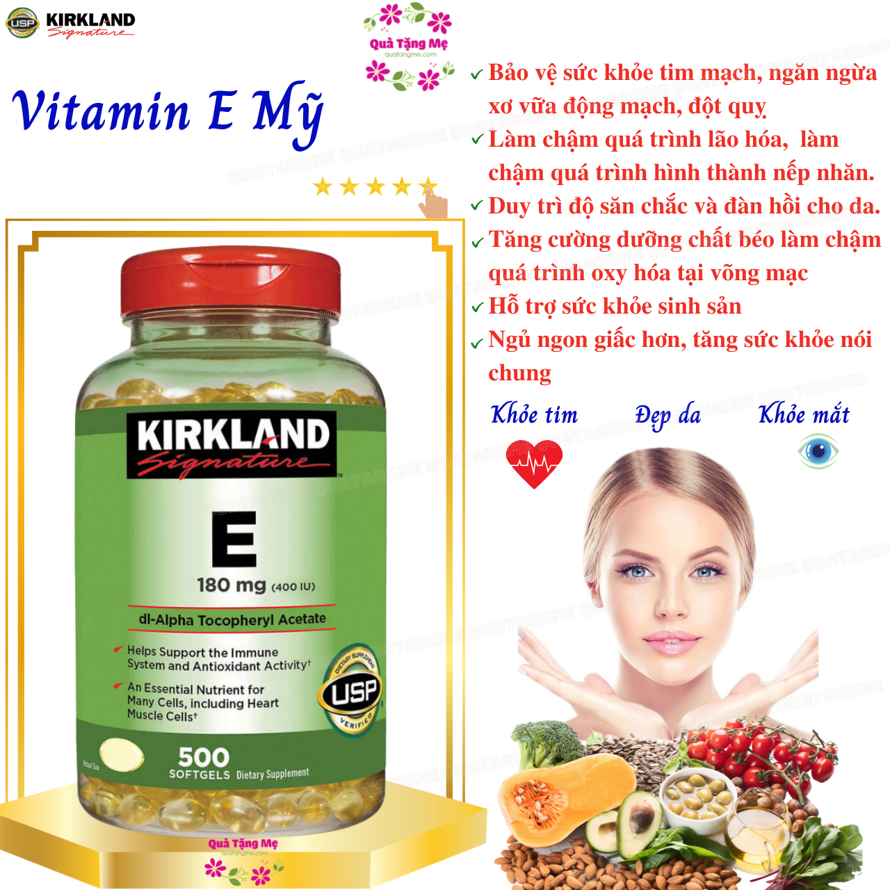 Vitamin E Mỹ Kirkland Signature E 180mg – Giúp đẹp da, tóc, làm chậm quá trình lão hóa và tăng sức khỏe tổng thể - QuaTangMe Extaste