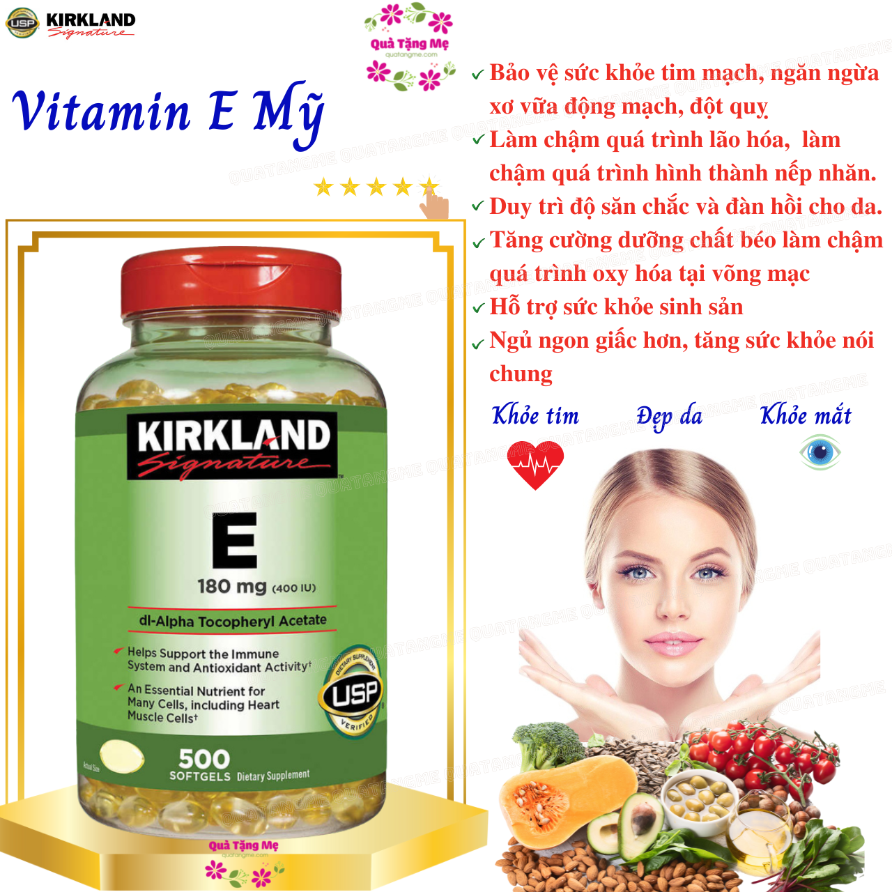 Vitamin E Mỹ Kirkland Signature E 180mg (400 IU) – Giúp đẹp da, tóc, làm chậm quá trình lão hóa và tăng sức khỏe tổng thể - QuaTangMe Extaste