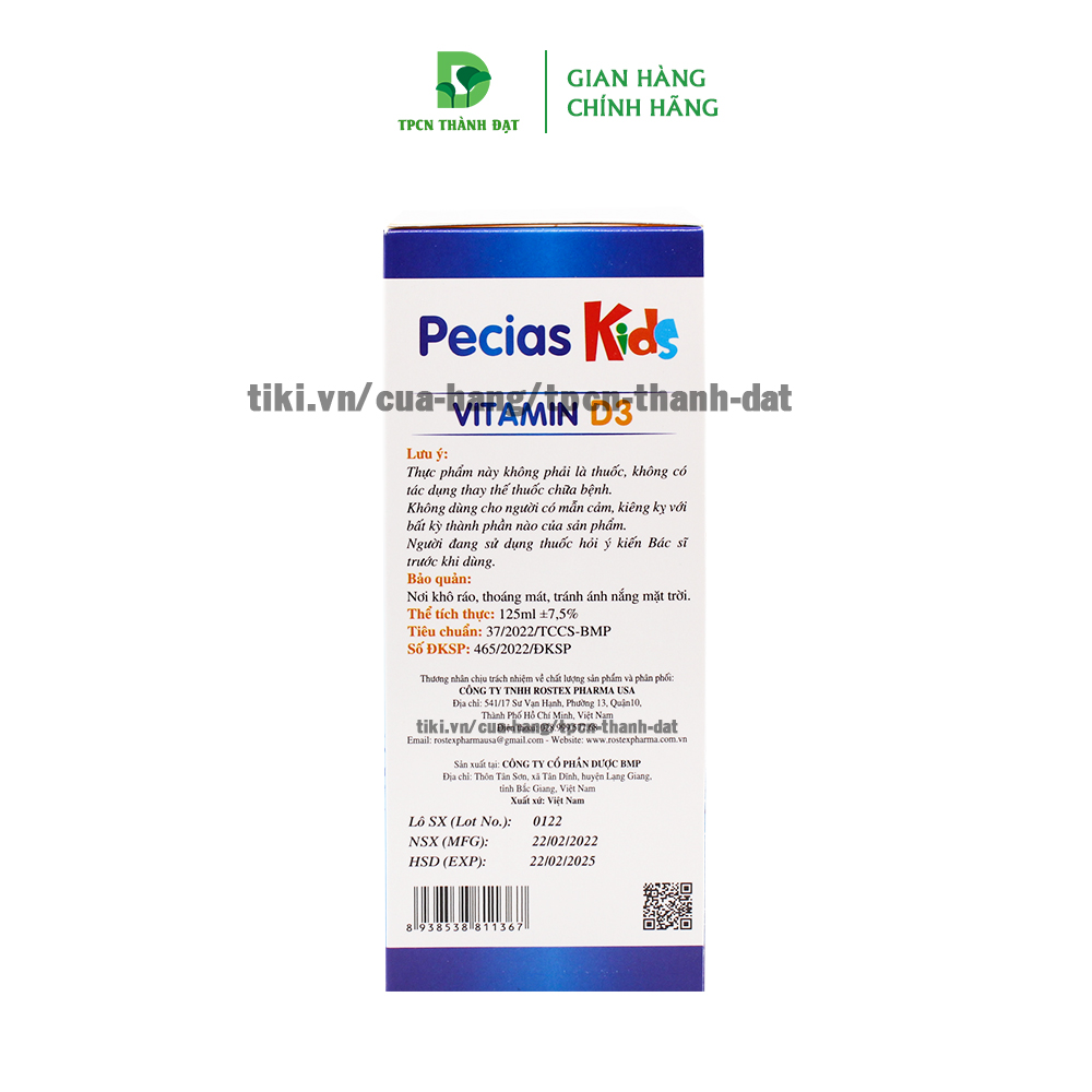 Siro Pecias Kids bổ sung Canxi, Vitamin D3 K2 MK7 hỗ trợ phát triển chiều cao, chắc khỏe xương răng - Chai 125ml