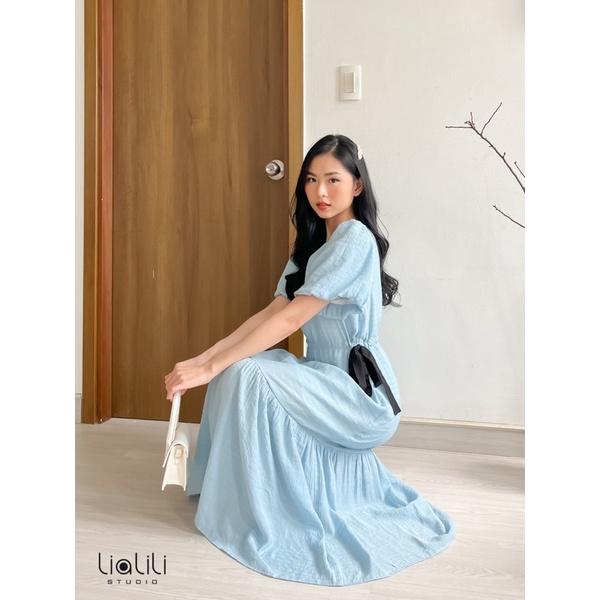 Đầm dài tay bí rút eo -Thiết kế từ - chất xô sọc mát, mềm