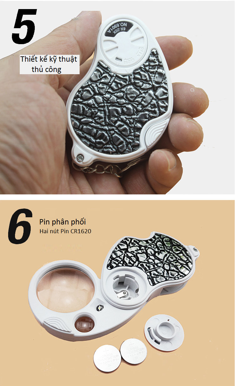 Kính lúp mini cầm tay 8x-20x soi tem, trang sức siêu nét có đèn trợ sáng cao cấp