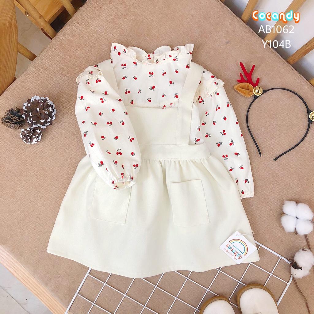 Set đồ cho bé -Áo babydoll trắng cherry đỏ và váy yếm nhung be cho bé của COCANDY mã AB106201, Y104B