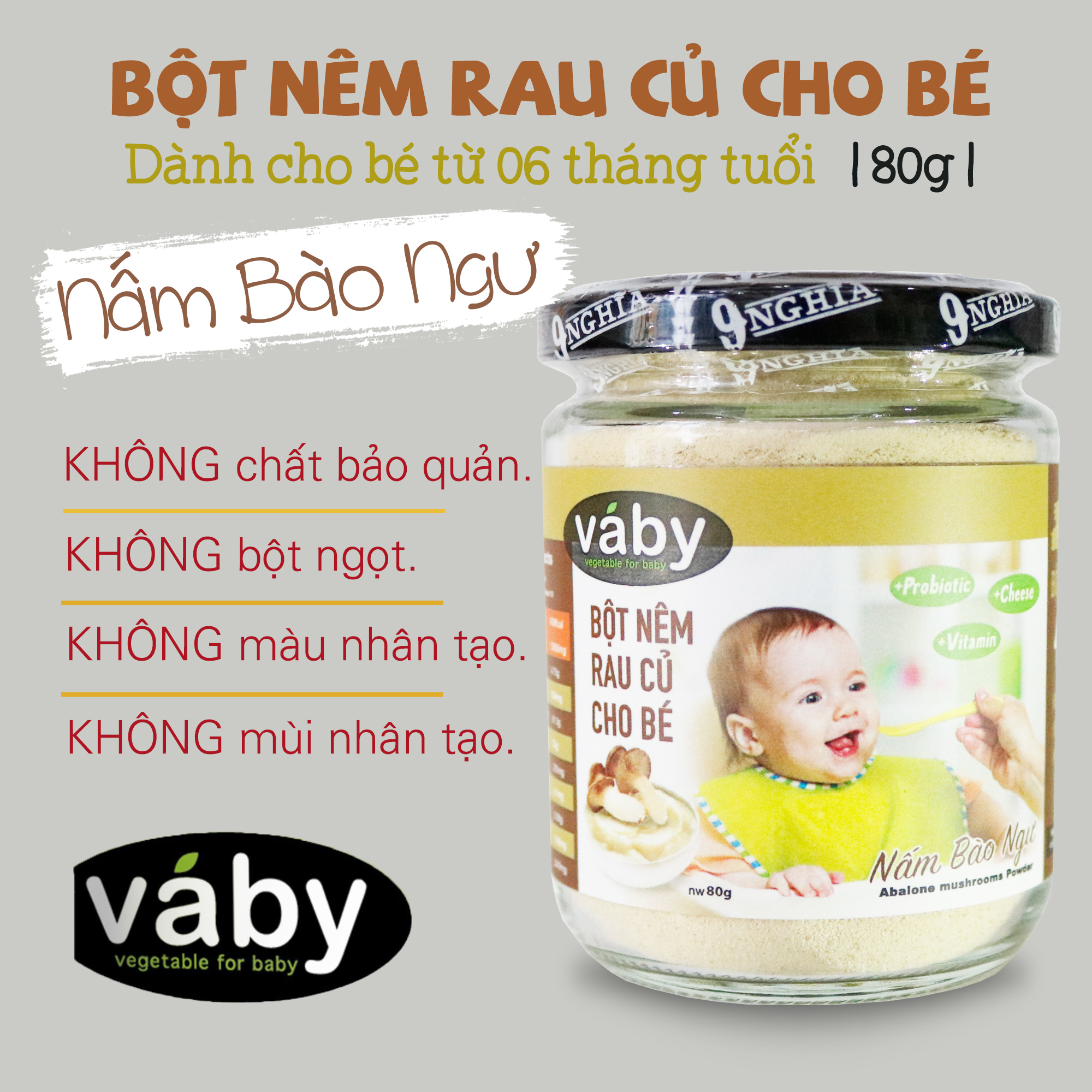 Bột nêm Nấm Bào Ngư &amp; Phô Mai VÁBY 9-NGHĨA 80g | Dành cho bé ăn dặm từ 6 tháng