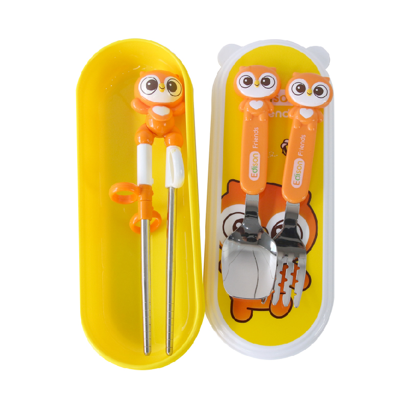 Set tập ăn 3 món inox hình cú mèo có hộp đựng cho bé từ 3 tuổi chính hãng Edison - Hàn Quốc