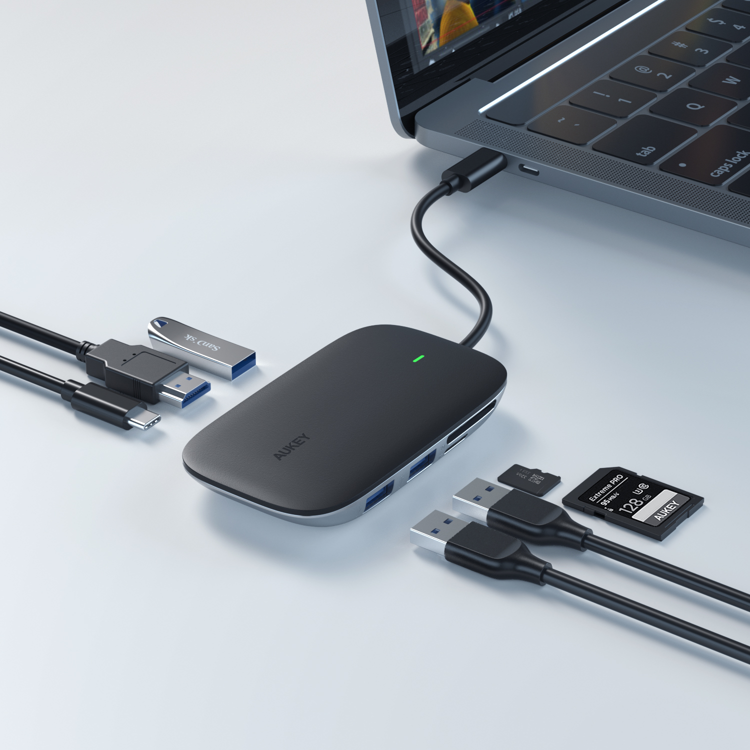 Hub Chia Cổng Type C AUKEY CB-C68 Mở Rộng 7 Cổng 1 Type C Power Delivery 100W 3 Cổng USB 3.1 (10.2 Gbps) 1 Cổng SD &amp; 1 Cổng Micro SD - Hàng Chính Hãng