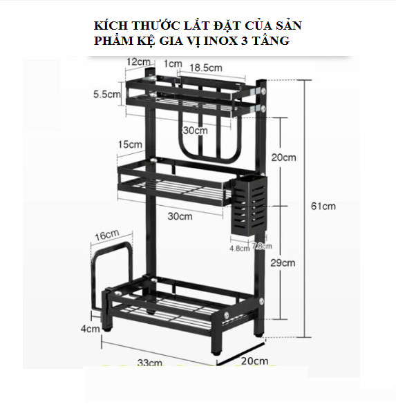 Kệ gia vị 3 Tầng phủ sơn tĩnh điện kèm phụ kiện đa chức năng, Kệ đựng đồ gia vị nhà bếp inox siêu tiện dụng, cao cấp- GD479-KGVDEN-3TPK