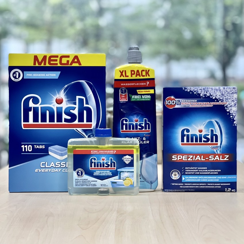 COMBO FINISH: Viên rửa bát Classic 110 viên + Bóng 750ml + Muối 1,2kg + Dung dịch vệ sinh