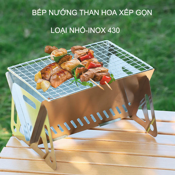 Bếp nướng than hoa bằng inox 430, loại nhỏ 21x16cm có thể xếp gọn, chuyên dùng cho cắm trại, picnic