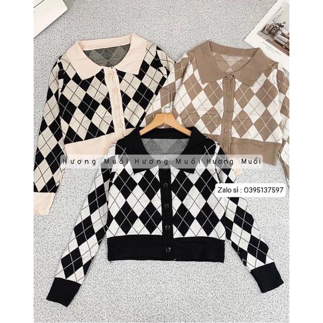Áo len hoạ tiết trám dài tay - áo len hoan tiết croptop