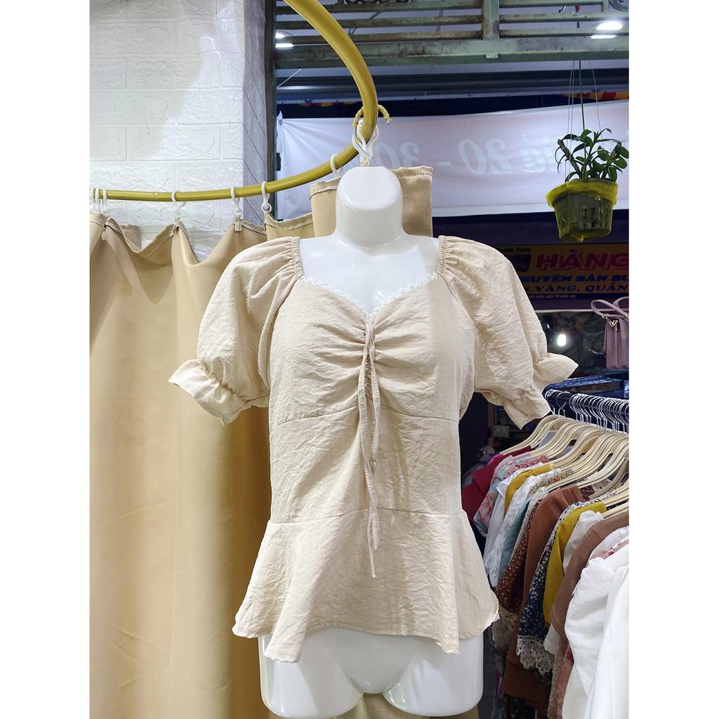 Áo Kiểu Body Chất Đũi Tay Ngắn- Thắt Nơ Bo Chun Lưng Siêu Xinh