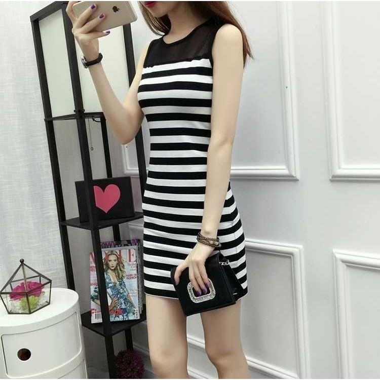 Đầm ôm kẻ sọc ngang sát nách phối ren AH09