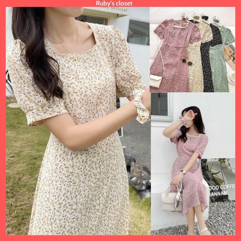 Đầm vintage hoa nhí - Váy hoa nhí vintage tiểu thư cổ ren kèm chun