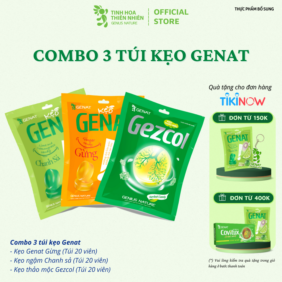 Combo 3 túi 20 viên - Kẹo thảo mộc Gezcol - Genat Chanh Sả - Genat Gừng - Giao 2H HCM