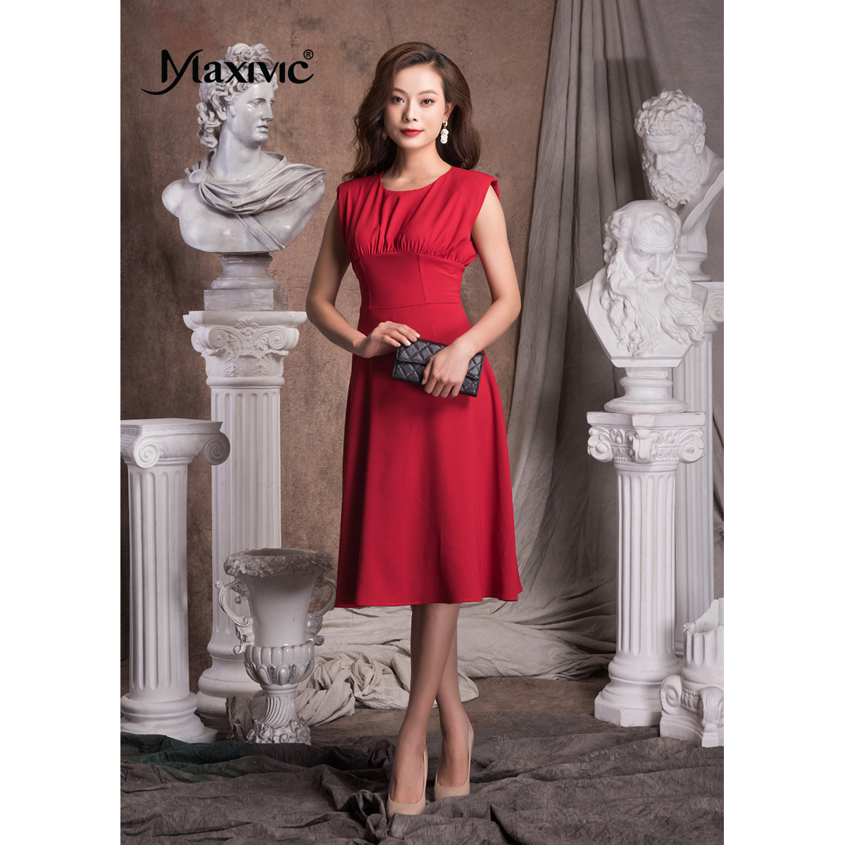Đầm Sheath Lụa Cổ Nhún Tay Liền Maxivic M012306